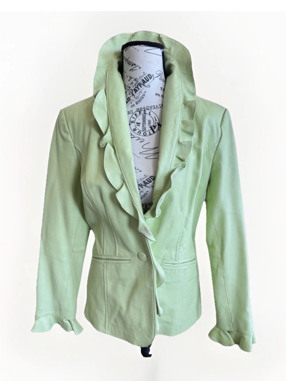 Y2K TERRY LEWIS CLASSIC LUXURIES Mint Green Ruffle Collar Leather Blazer Jacket